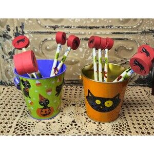 2 Mini Halloween Metal Buckets Decoration Black Cats Lead Pencils w/ Erasers